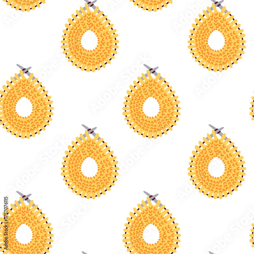 Decorative seamless pattern with yellow yarn balls and knitting needles. Cozy textile illustration for fabric, crafts and handmade design.