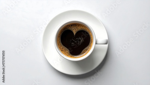 Overhead view of a white coffee cup filled with dark coffee in heart shape