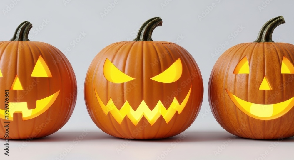 Fototapeta premium Festive Halloween pumpkins with glowing faces arranged in a row for seasonal celebration