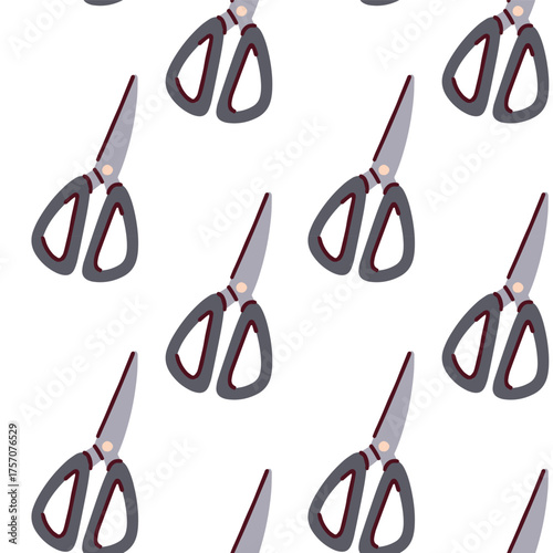 Gray sewing scissors repeated in seamless pattern for tailoring, fabric design and craft backgrounds.