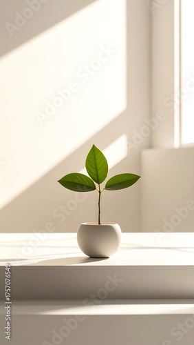 Small plant in a round pot on a ledge with sunlight