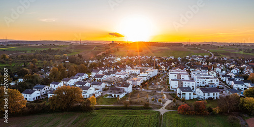 Aerial view of a climate-neutral residential area in Waiblingen, Germany at sunset