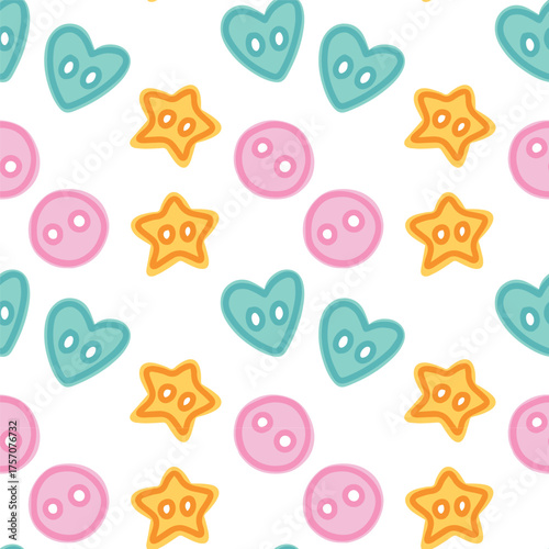 Colorful buttons and star shapes repeating in seamless background for textile, fabric prints and sewing themes.