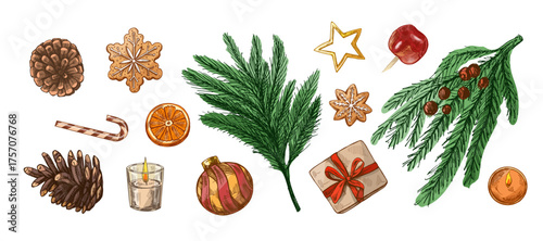 Hand drawn vintage sketch set of christmas cookies pine branches cones baubles gifts candies and candles in color and monochrome version