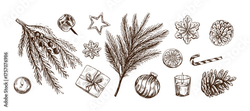 Hand drawn vintage sketch set of christmas cookies pine branches cones baubles gifts candies and candles in monochrome style