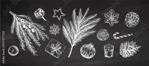 Hand drawn vintage chalk sketch set of christmas cookies pine branches cones baubles gifts candies and candles on chalkboard background