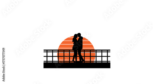 Romantic silhouette couple embracing on balcony overlooking vibrant sunset with fiery orange sky symbolizing love and togetherness isolated on white background