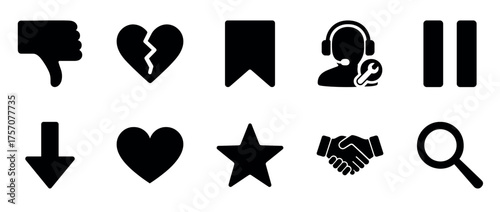 Collection of essential solid icons: thumbs down, broken heart, bookmark, customer support, pause, arrow down, heart, star, handshake, magnifying glass