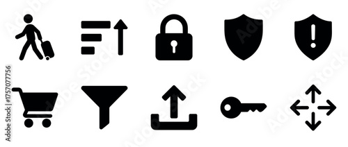 Black icon set: navigation, security, shopping, warning, upload, travel