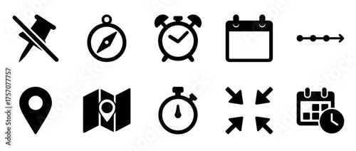 Collection of navigation and planning icons: map, compass, clock, calendar