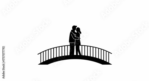 Silhouette couple embracing tenderly on a romantic bridge under a bright sky symbolizing love and connection isolated on white background