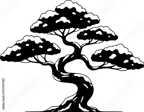 a bonsai tree with a unique shape, dark color, white spots, vector illustration