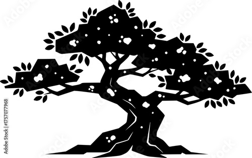 a bonsai tree with a unique shape, dark color, white spots, vector illustration