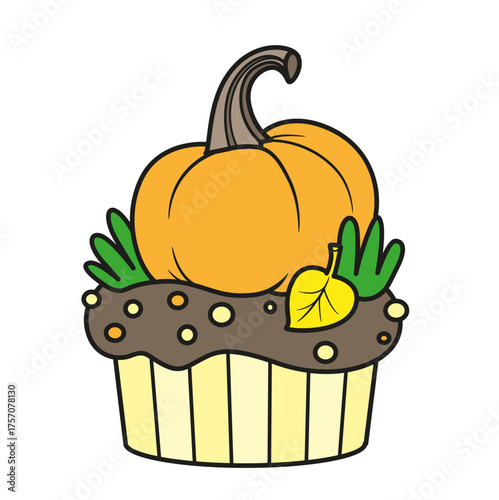 Biscuit cake with Halloween pumpkin decoration on white background