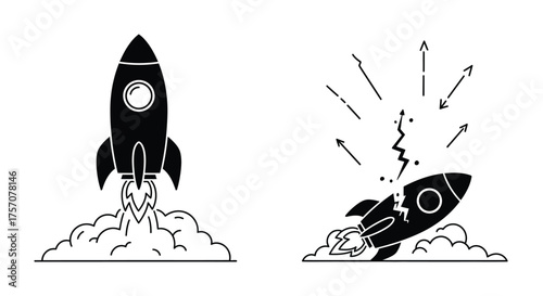 Rocket launch and explosion depicted in a simple black and white illustration