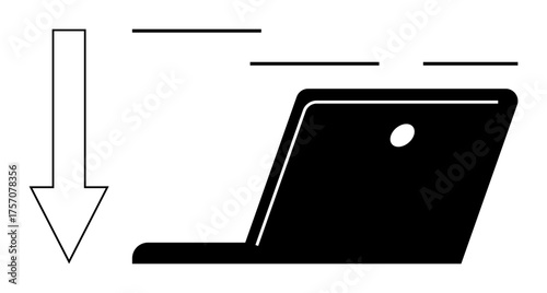 Laptop with lines indicating motion and a bold downward arrow symbolizing speed, data download, or transfer. Ideal for technology, efficiency, digital productivity, communication, innovation