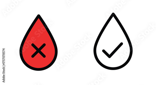 Two droplet icons one red with an x and one white with a check