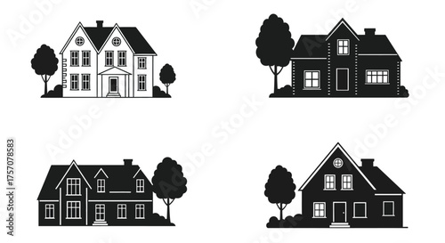 Simple black and white illustrations of various house styles and designs