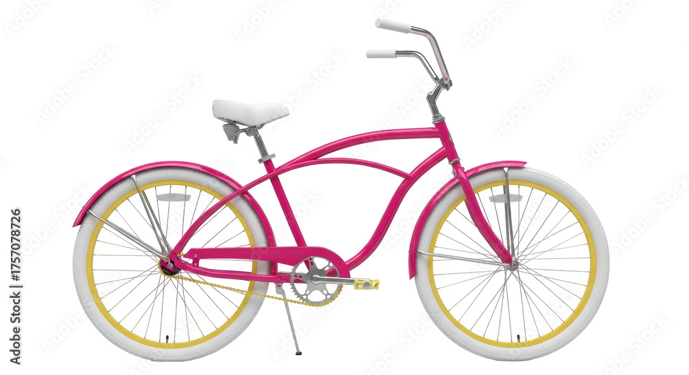 Fototapeta premium Isolated pink and yellow bicycle on display in a bright setting for promotional material