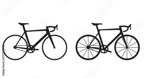 Two sleek black road bicycles are displayed in a simple silhouette style