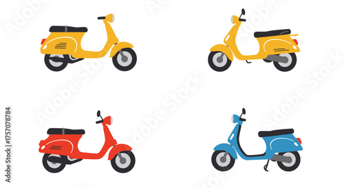 Four colorful cartoon scooters displayed in differing shades and perspectives