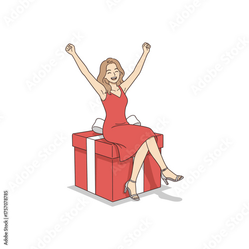 Smiling woman in red dress sitting on gift box joyful vector illustration for celebration event promotion or festive lifestyle content in clean cartoon style