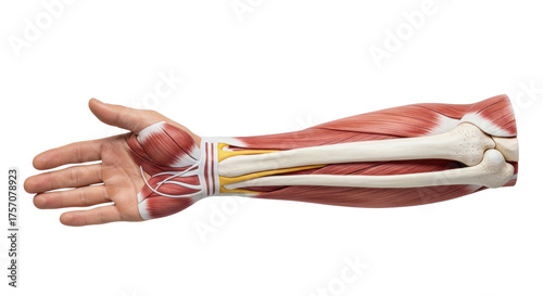 Isolated hand forearm bones muscles anatomical study illustration model for medical training