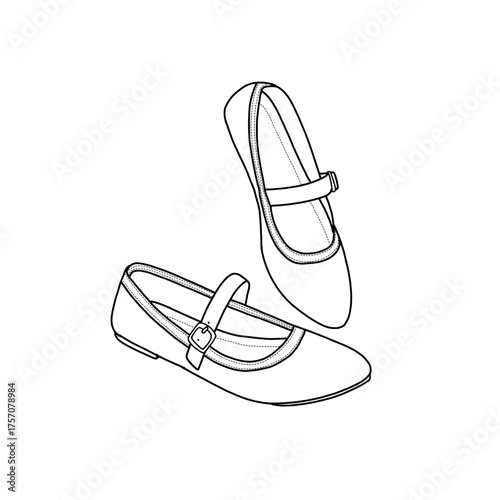 A detailed line drawing of two ballet flat shoes, showcasing their classic design with a strap and buckle. Vector illustration. Line drawing sketch, isolated on a white background.