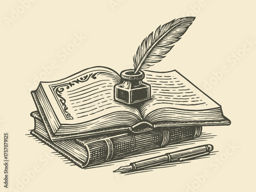 open book with quill and inkpot engraving vector illustration