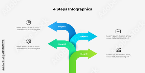 Infographic showcasing four distinct steps in a structured workflow to represent processes, strategies, or business concepts. Features arrow elements and placeholder icons