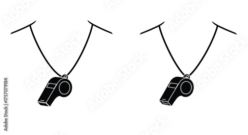 Simple black and white illustration of two referee whistles on lanyards