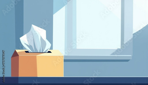 Crumpled tissue box on desk with natural light coming from window  