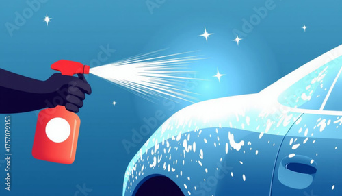 Deicer spray on car being applied with spray bottle by hand  