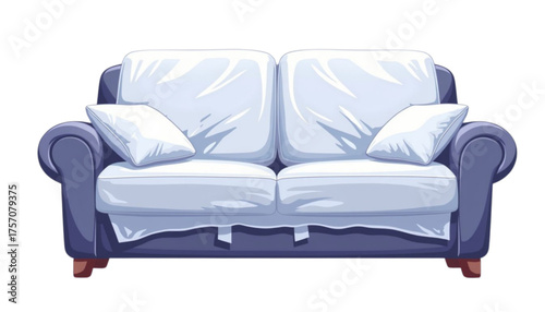 Couch wrapped in plastic film isolated on white background  