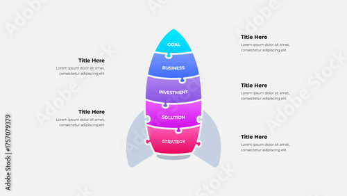 Illustrative infographic featuring a puzzle rocket design divided into five segments symbolizing strategy, solution, investment, business, and goal concepts