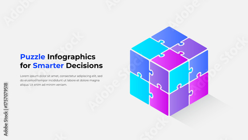 Isometric puzzle cube showcasing modern design for business, teamwork, and smart decision making presentations. Ideal for professional infographics illustrating strategies