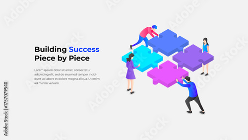 Illustration of teamwork showcasing individuals assembling colorful puzzle pieces, symbolizing collaboration, unity, and achieving success together through mutual efforts and shared goals