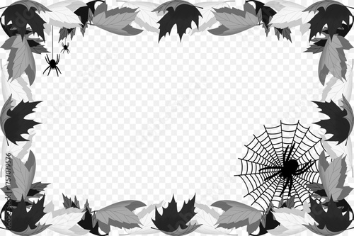 Square frame with a black and white image of autumn leaves with spiders and cobwebs isolated on a transparent background. Suitable for cards, invitations, and posters. Vector illustration.