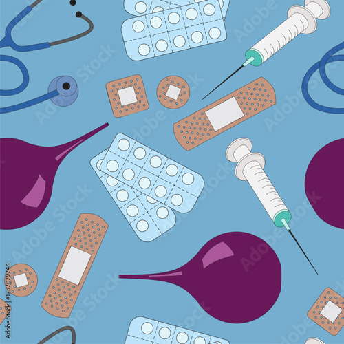 Seamless pattern with pills, edema, syringe and patches. Light blue background.