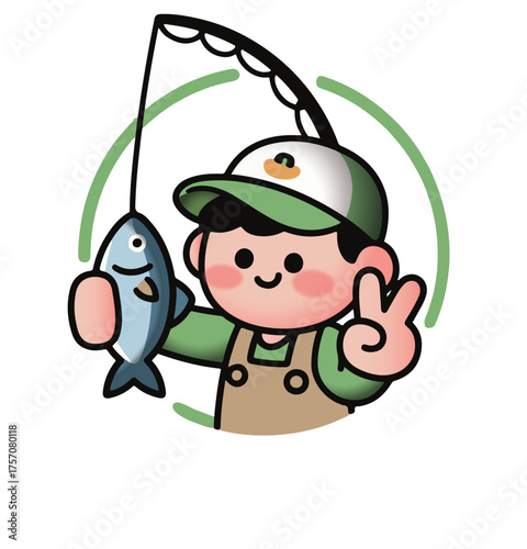 A fishing enthusiast with a cartoon hand-held fish
