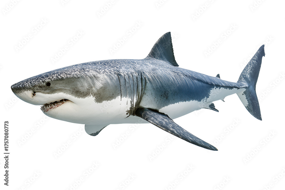 Obraz premium Magnificent great white shark portrait highlighting powerful teeth, showcasing the apex predator in a stunning image perfect for marine life and underwater world designs for