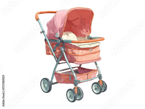 Pink baby stroller canopy, infant bassinet with storage basket