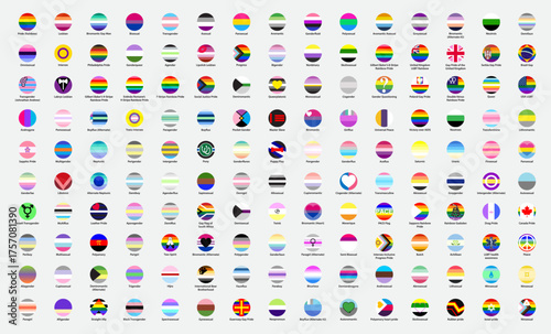 Circular LGBTQ+ Pride Flags collection chart representing diverse gender and sexual identities. Set of LGBTQ community flags. Vector illustration.