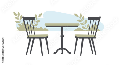 Charming outdoor cafe scene two spindle back chairs and a small square table set for ambiance isolated on white background