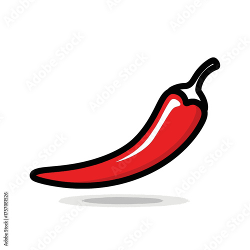 A vibrant red chili pepper illustration with a thick black outline, casting a subtle shadow on a white background.