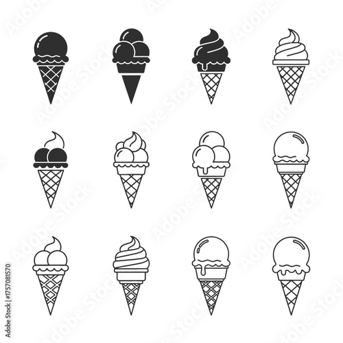 A collection of various ice cream cones, displayed in a grid, with different flavors.