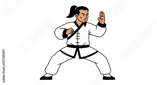 Martial arts fighter demonstrating kung fu stance with powerful hand gesture ready for combat and training exercises isolated on white background