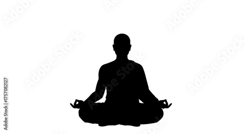 Silhouette of a person meditating in a lotus pose signifying inner peace and spiritual enlightenment in a serene setting isolated on white background