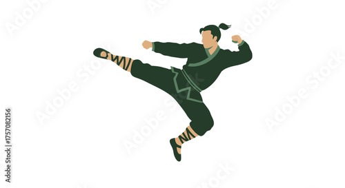 Martial arts athlete performing dynamic high kick in mid-air demonstrating agility and strength acrobatics in combat sports training isolated on white background