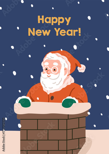 Santa Claus inside chimney, Merry Christmas and Happy New Year card. Winter h...